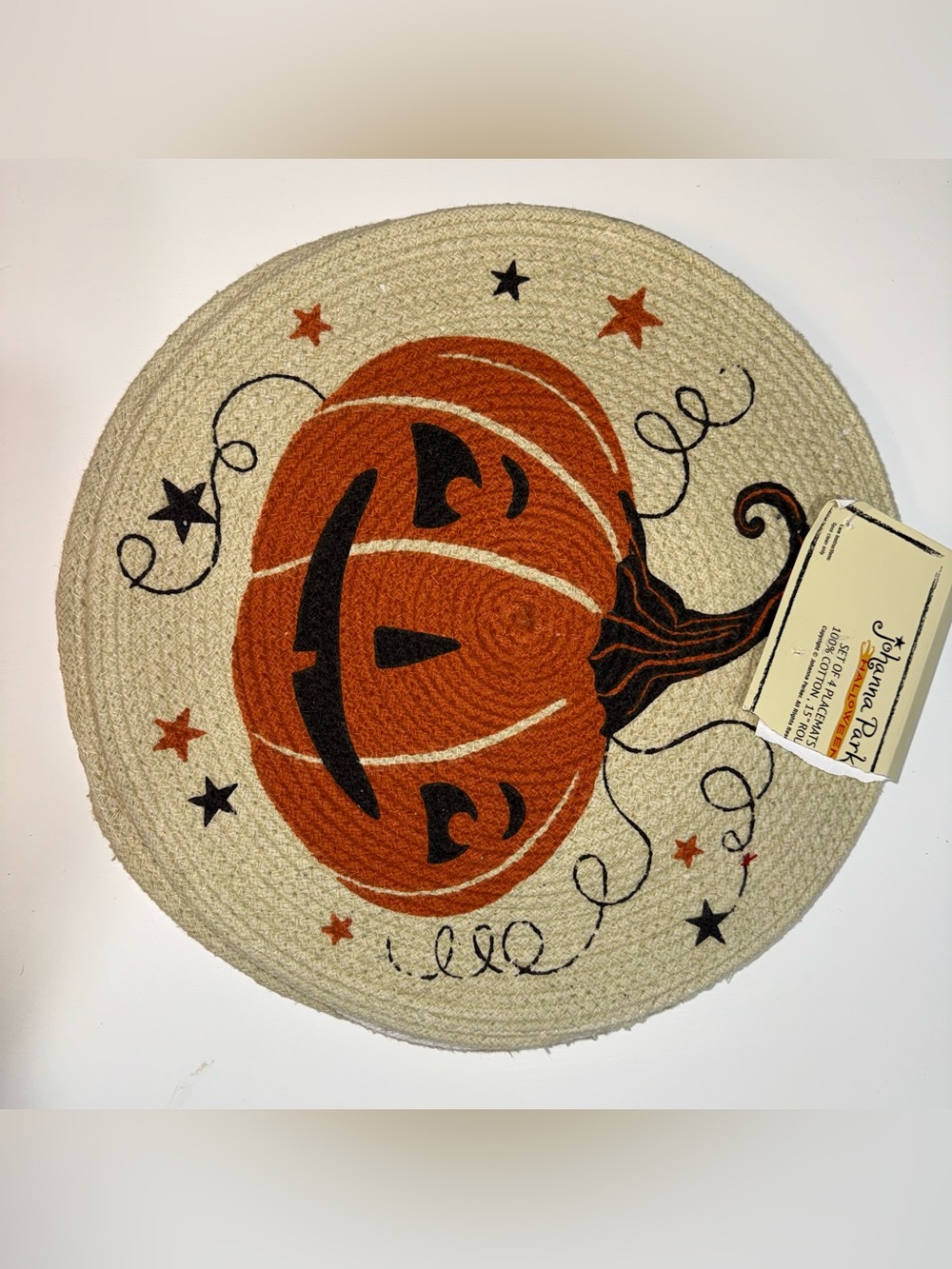 Johanna Parker Halloween Pumpkin Round Placemats 15” 100% Cotton Set of 4
